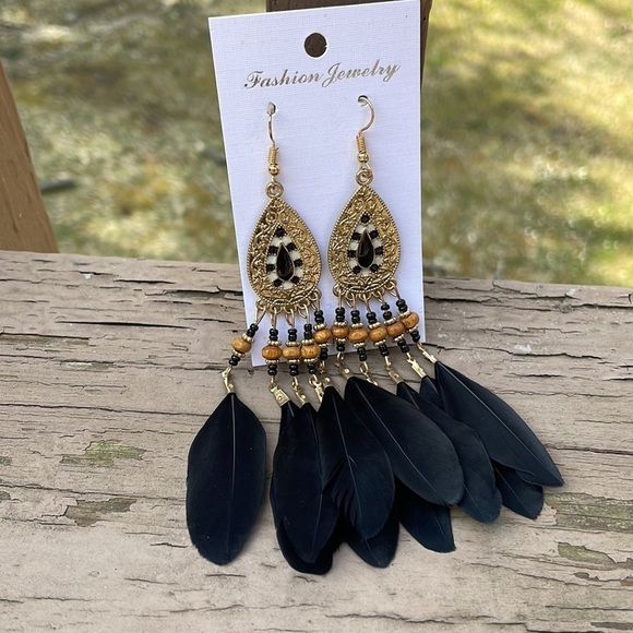 Black Feather Beaded Tear Drop Gold Earrings - Picture 9 of 10